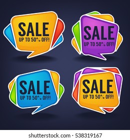 super sale, vector collection of bright discount bubble tags, banners and stickers on dark background