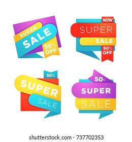 súper venta, colección vectorial de etiquetas de burbujas de descuento brillante, banderas y pegatinas