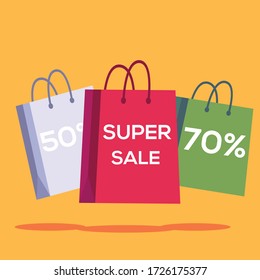 Concepto de vector de superventa: bolsas de compras escritas "Super Sale" texto y números de precios con descuento