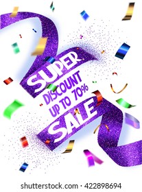 Super sale vector illustration with cut textured ribbon and flying confetti