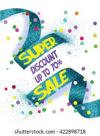 Super sale vector illustration with cut textured ribbon and confetti