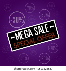 Super sale for web application banner. Discount card, big discount discounts in bright colors on purple background.