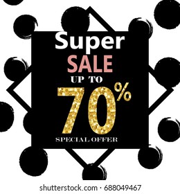 Super Sale. Web Banner with Gold Glitter on White Background. Trendy Vector Templates for fashion store. Special Offer Sale Header.