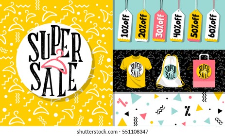 Super sale. Sale website banner template set. 80's, 90's style bright colorful vector for social media, posters, email, print, ads, promotional material. Yellow Pink Blue black and white