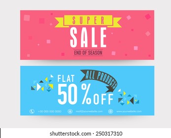 Super sale website header or banner set with discount offer on all products.