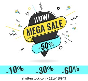 Super sale, weekend special offer banner template in flat trendy memphis geometric style, retro 80s - 90s paper style poster, placard, web banner designs, vector illustration
