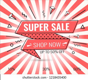 Super sale, weekend special offer banner template in flat trendy memphis geometric style, retro 80s - 90s paper style poster, placard, web banner designs, vector illustration