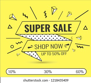 Super sale, weekend special offer banner template in flat trendy memphis geometric style, retro 80s - 90s paper style poster, placard, web banner designs, vector illustration