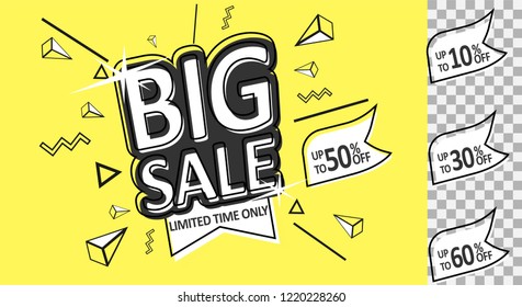 Super sale, weekend special offer banner template in flat trendy memphis geometric style, retro 80s - 90s paper style poster, placard, web banner designs, vector illustration