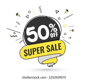 Super sale, weekend special offer banner template in flat trendy memphis geometric style, retro 80s - 90s paper style poster, placard, web banner designs, vector illustration