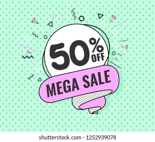 Super sale, weekend special offer banner template in flat trendy memphis geometric style, retro 80s - 90s paper style poster, placard, web banner designs, vector illustration