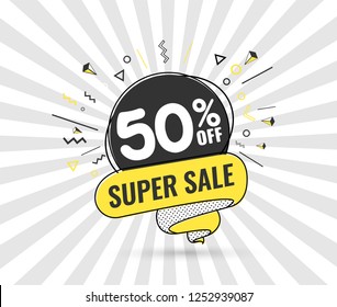 Super sale, weekend special offer banner template in flat trendy memphis geometric style, retro 80s - 90s paper style poster, placard, web banner designs, vector illustration