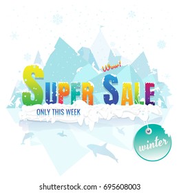 super sale winter. banner and label. Price reduction. billboards. on white background. vector. illustration. iceberg. snow. snow flake.  Penguin. Dolphin. Killer whale