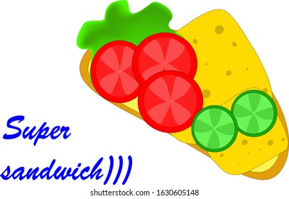 Super sandwich made from slice of bread with butter , lettuce, slices of cheese, tomatoes and cucumbers, o the white background
