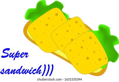 Super sandwich, made from slice of bread with butter, three slices of cheese and lettuce, on the white background