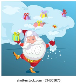 Super Santa Claus coming from sky with christmas presents. Vector