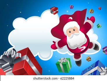 Super Santa Claus coming from sky with christmas presents. All elements are layered and grouped in vector file.