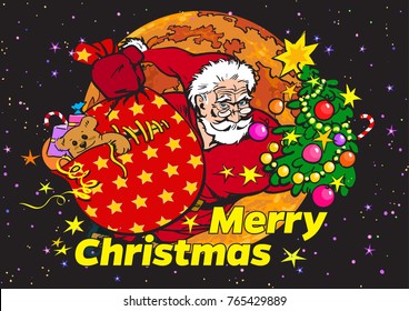 Super Santa Claus in retro comics style flying with Christmas tree and gift sack on full moon night sky  background. Marry Christmas text. Hand drawn sketch vector illustration isolated.
