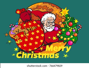 Super Santa Claus in retro comics style flying with Christmas tree and gift sack on full moon  background. Marry Christmas text. Hand drawn sketch vector illustration isolated.