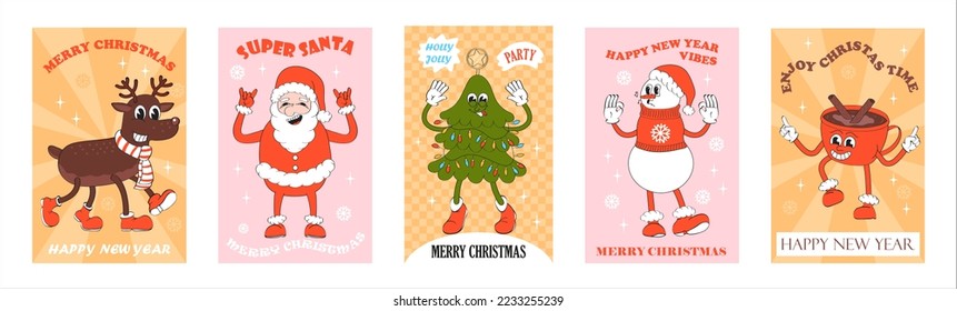 Super Santa, mascot deer, snowman in retro. Merry Christmas hot tee, coffe cup and Happy New year, holly jolly concept vector. Cute, funny greeting card.