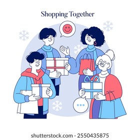 Super Saturday concept. Friends enjoy the festive shopping spree, holding gifts and sharing cheerful conversations. Holiday season excitement. Vector illustration.