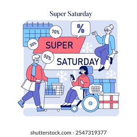 Super Saturday concept. Shoppers enjoy festive discounts in a winter sale event. Seasonal promotion, holiday shopping rush. Vector illustration.