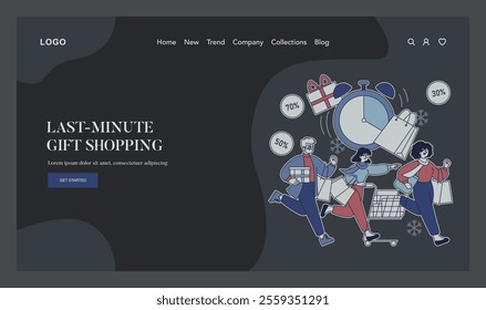 Super Saturday concept. Shoppers rush with gifts and bags during a holiday sale as time ticks away. Festive urgency and discount frenzy. Vector illustration.