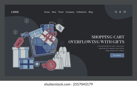 Super Saturday sale concept. Shopping cart brimming with wrapped gifts and discount tags. Busy holiday shopping spree illustration. Vector illustration.