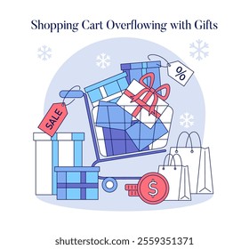 Super Saturday sale concept. A shopping cart brimming with discounted presents amid a festive backdrop. Winter holiday shopping spree. Vector illustration.