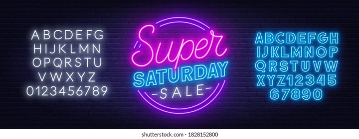 Super Saturday Sale neon sign on brick wall background. Template for discount.