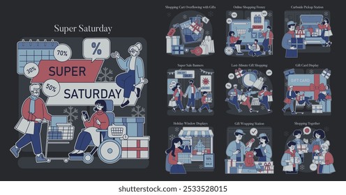 Super Saturday set. Shoppers engage in festive buying spree amidst holiday discounts. Cart overload, online frenzy, curbside service, and gift-wrapping moments. Vector illustration.