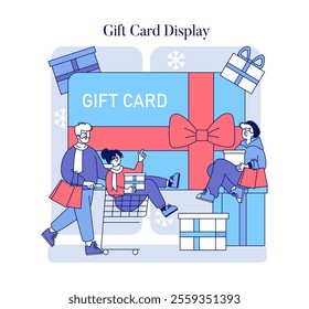 Super Saturday shopping concept. Consumers enjoying holiday deals next to a giant gift card display, highlighting seasonal purchases. Vector illustration.