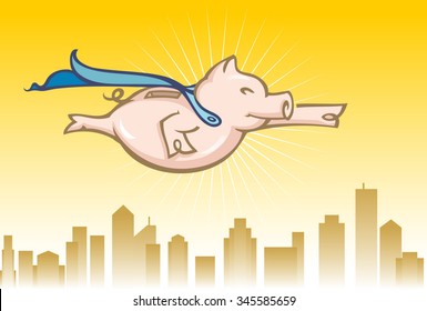 Super Savings-Vector illustration of super piggy bank above urban city horizon