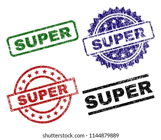 SUPER seal prints with corroded surface. Black, green,red,blue vector rubber prints of SUPER title with corroded texture. Rubber seals with round, rectangle, medallion shapes.