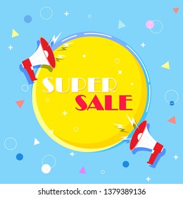 Super selling banner, colorful and playful design, colors. Banner for your text with a megaphone. Vector illustration