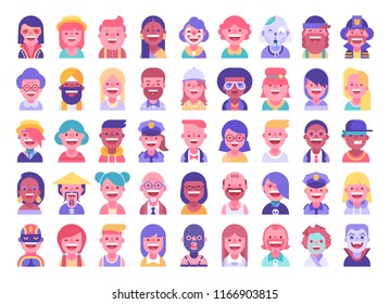 Super set of 45 cool flat avatars icons. Positive male and female characters different ages, professions and nationalities. Funny bright vector illustrations.