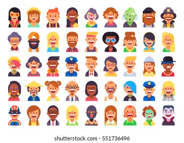Super set of 45 cool flat avatars icons. Positive male and female characters different ages, professions and nationalities. Funny bright vector illustrations.