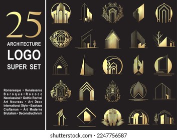 Super Set, Architecture, Real Estate, Building and Construction Logo Vector Design Eps 10. Baroque, Rococo, Neoclassical,  Art Nouveau, Art Deco, International Styles