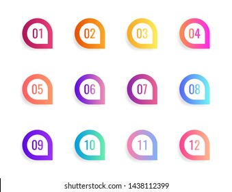 Super set arrow bullet point triangle flags on white background. Colorful gradient markers with number from 1 to 12. Modern vector illustration.