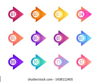 Super set arrow bullet point triangle flags on white background. Colorful gradient markers with number from 1 to 12. Modern vector illustration.