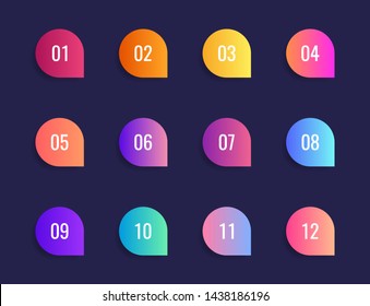 Super set arrow bullet point triangle flags on white background. Colorful gradient markers with number from 1 to 12. Modern vector illustration.