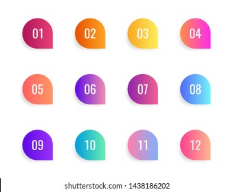 Super set arrow bullet point triangle flags on white background. Colorful gradient markers with number from 1 to 12. Modern vector illustration.