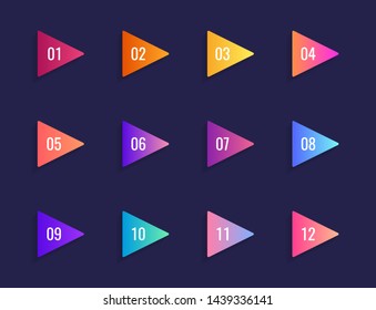 Super set arrow bullet point triangle flags on dark blue background. Colorful gradient markers with number from 1 to 12. Modern vector illustration.