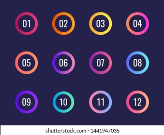 Super set arrow bullet point triangle flags on dark blue background. Colorful gradient markers with number from 1 to 12. Modern vector illustration.