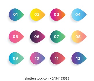 Super set arrow bullet point triangle flags on white background. Colorful gradient markers with number from 1 to 12. Modern vector illustration.