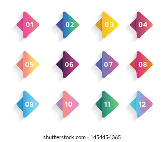 Super set arrow bullet point triangle flags on white background. Colorful gradient markers with number from 1 to 12. Modern vector illustration.