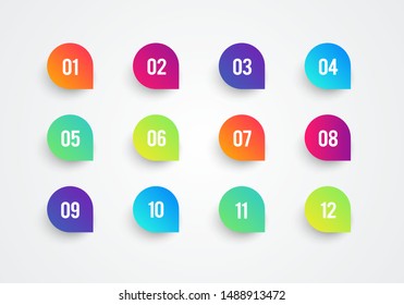 Super set arrow bullet point triangle flags on white background with colorful gradient. Markers with number 1 to 12. Modern vector illustration.