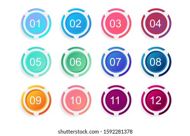 Super set arrow bullet point circle on white background. Colorful gradient markers with number from 1 to 12. Modern vector illustration.