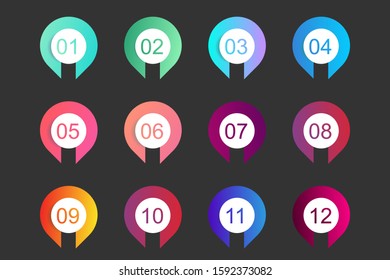 Super set arrow bullet point triangle flags on white background. Colorful gradient markers with number from 1 to 12. Modern vector illustration