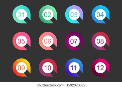 Super set arrow bullet point triangle flags on white background. Colorful gradient markers with number from 1 to 12. Modern vector illustration